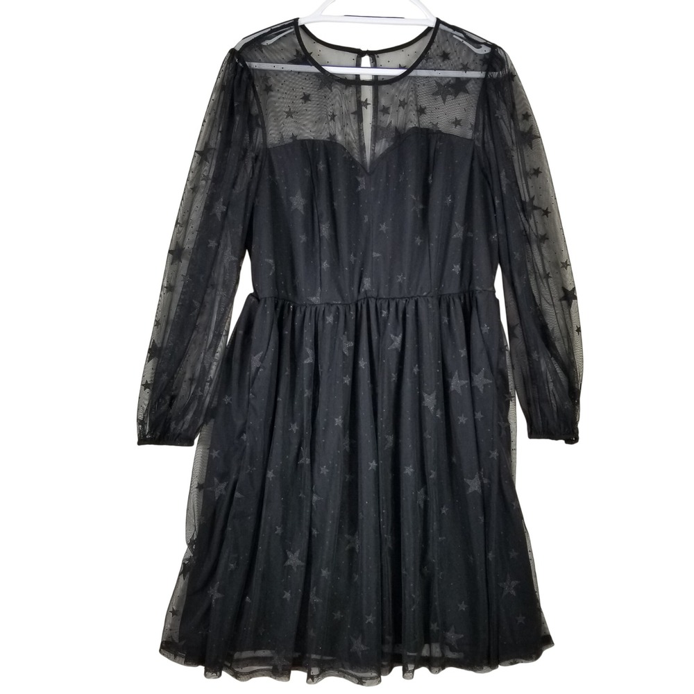 Torrid Womens 18 Black Mesh Star Print Celestial Glitter Long Sleeve Midi Dress
